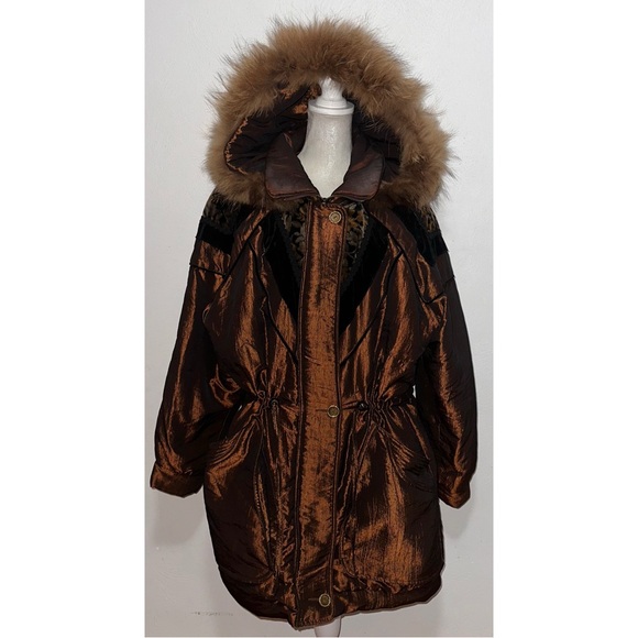 Vintage Metallic Bronze Coat w/ Raccoon Fur Hood - Picture 10 of 15